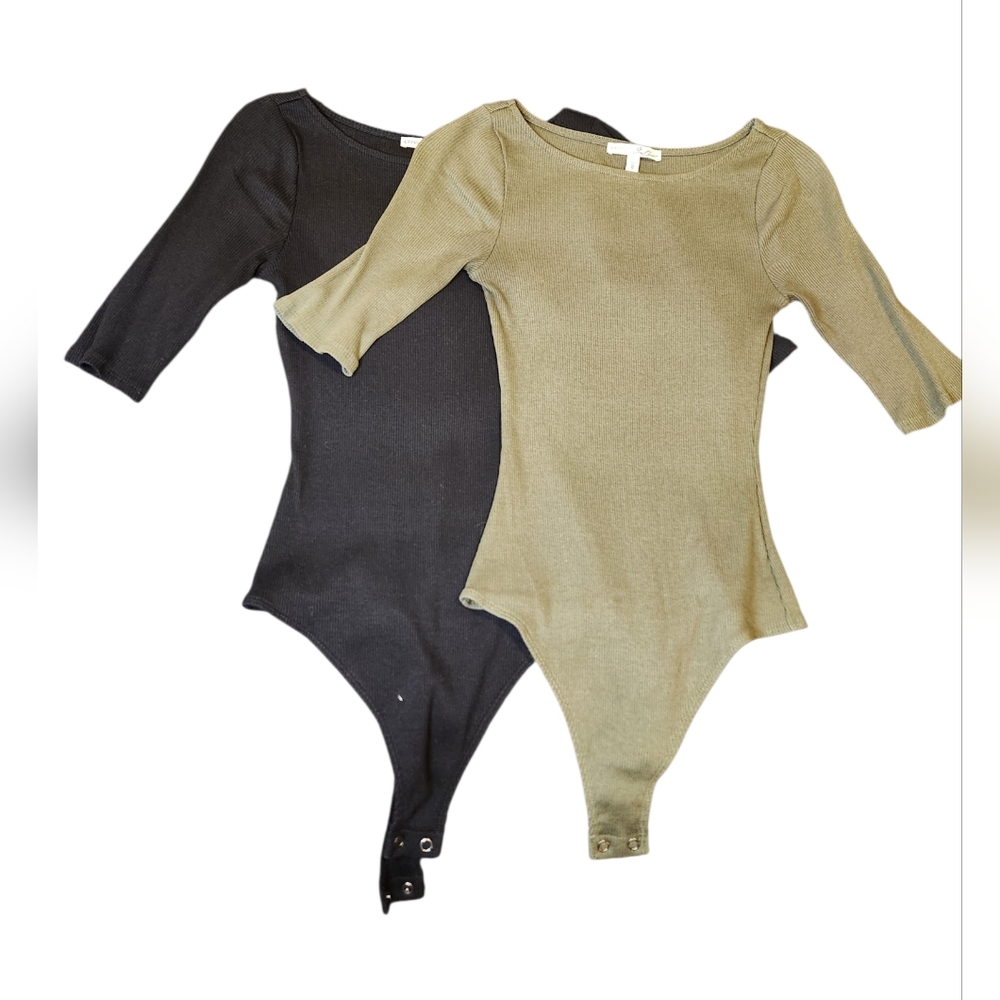 Express One Eleven Ribbed Bodysuit Bundle Medium Black Green Stretch Fitted Top
